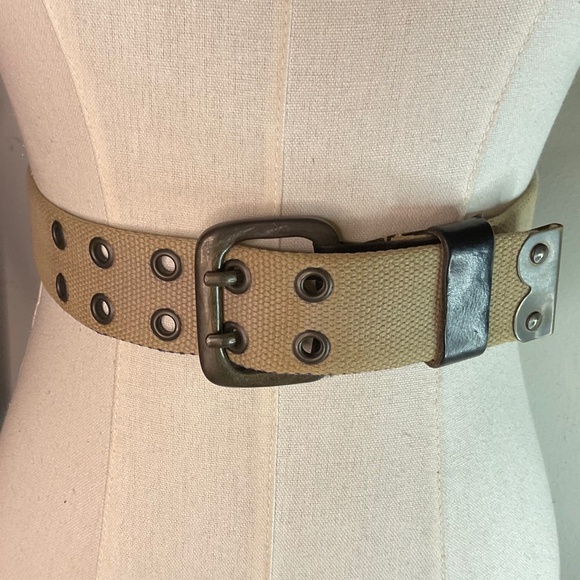 Diesel Khaki Webbing with Black Leather Trim Vintage Belt 70cm/28in x 1.5in - Picture 1 of 7